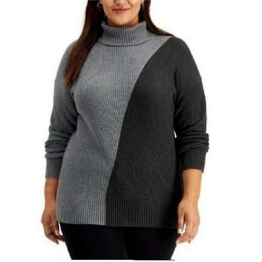 Alfani Plus Size Colorblock Turtleneck Sweater Graphite 3X NWT